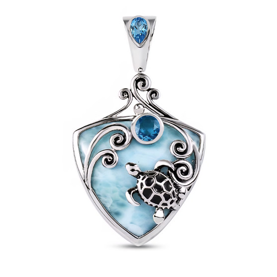 front view of larimar and blue quartz doublet turtle pendant necklace in rhodium over sterling silver