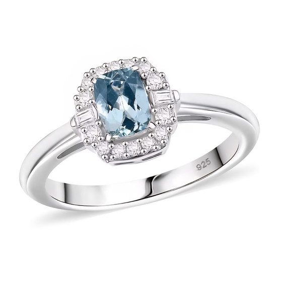 front view of aquamarine and zircon halo ring in rhodium over sterling silver