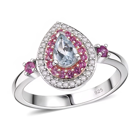 front view of aquamarine pink sapphire and moissanite halo ring in 18k rose gold and rhodium over sterling silver