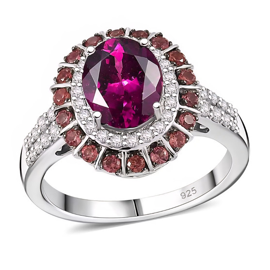 front view of rhodolite garnet padparadscha sapphire and zircon halo ring in rhodium over sterling silver