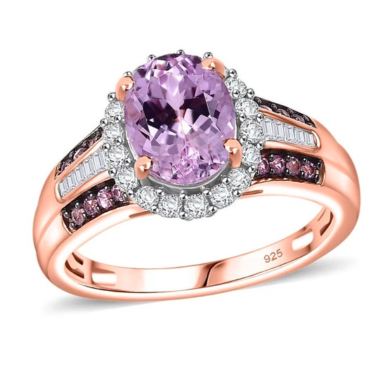 kunzite pink sapphire and diamond halo ring in 18k rose gold over sterling silver front