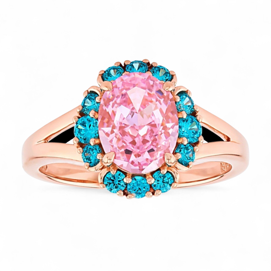 front view of pink and blue cubic zirconia halo ring in 18k rose gold over sterling silver