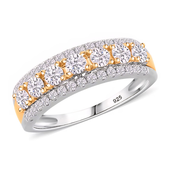 front view of moissanite cluster band ring in 18k yellow gold and rhodium over sterling silver