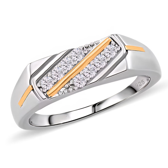 moissanite cluster gents ring in 18k yellow gold and rhodium over sterling silver front view