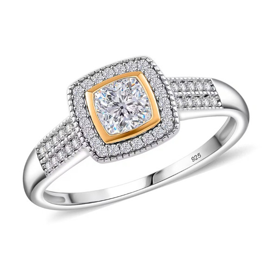 front view of moissanite halo ring in 18k yellow gold and rhodium over sterling silver
