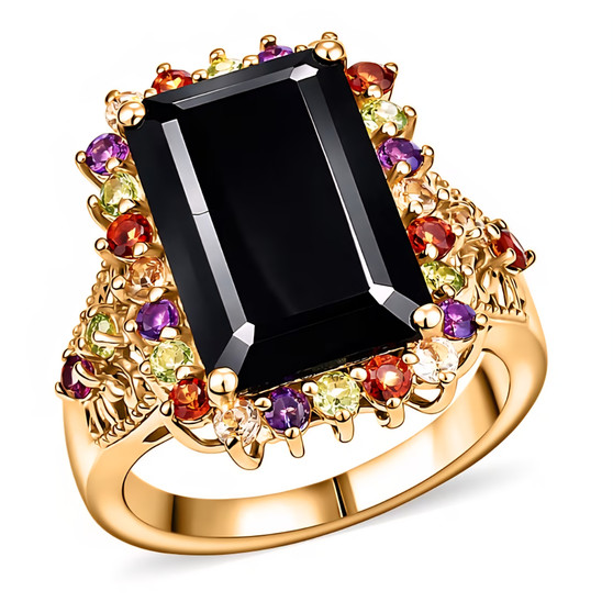 black spinel and multi gemstone halo ring in 18k yellow gold over sterling silver front view