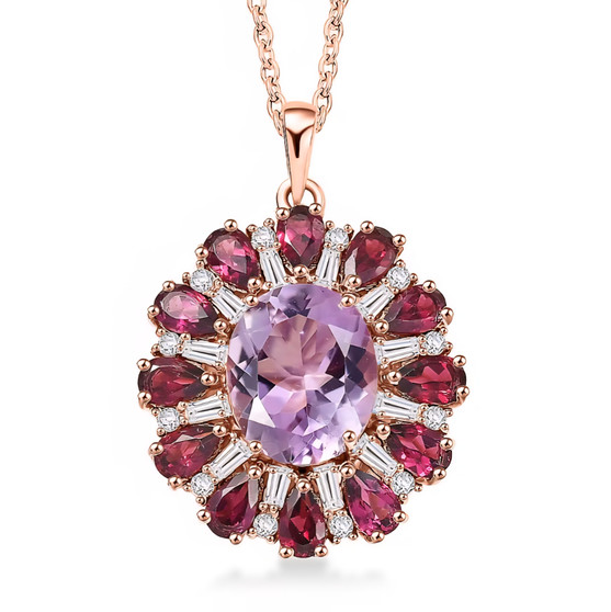 front view of rose de france amethyst multi gemstone halo pendant necklace in 18k rose gold over sterling silver