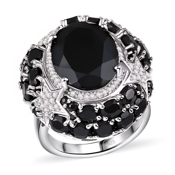 front view of black spinel and zircon statement ring in rhodium over sterling silver