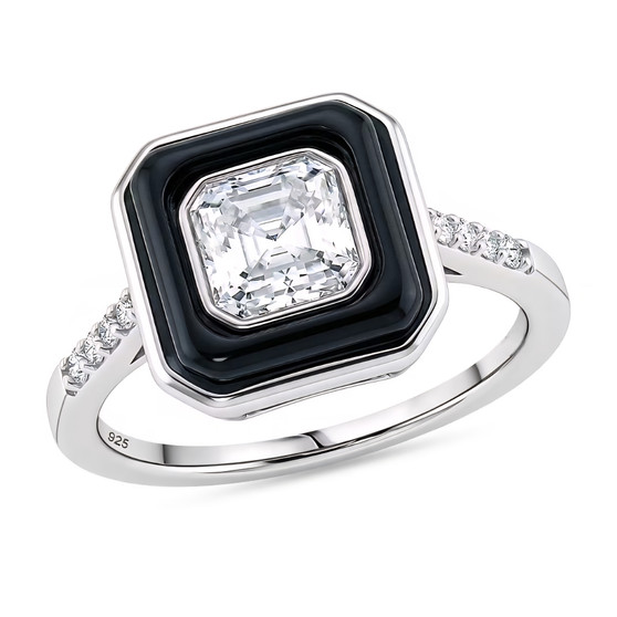 front view of moissanite and black jade halo ring in rhodium over sterling silver