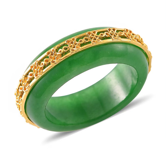 angled view of green jade band ring in 18k yellow gold over sterling silver