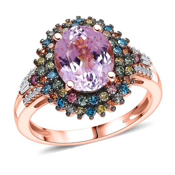 front view of kunzite and multi-color lab diamond halo ring in 18k rose gold over sterling silver
