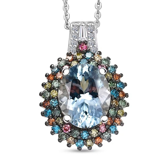 front view of aquamarine and multi-color lab diamond halo pendant necklace in rhodium over sterling silver