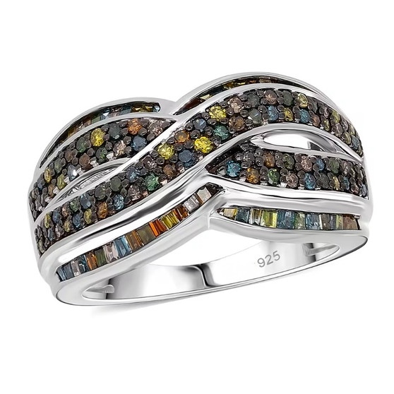 front view of multi-color diamond infinity crossover band ring in rhodium over sterling silver