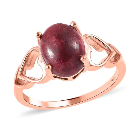 front view of thulite heart motif shank solitaire ring in 18k rose gold over sterling silver