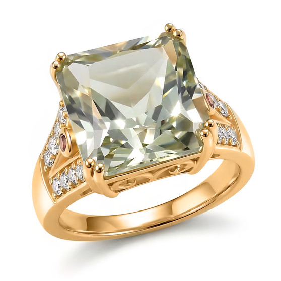 angled view of prasiolite rhodolite garnet and zircon ring in 18k yellow gold over sterling silver