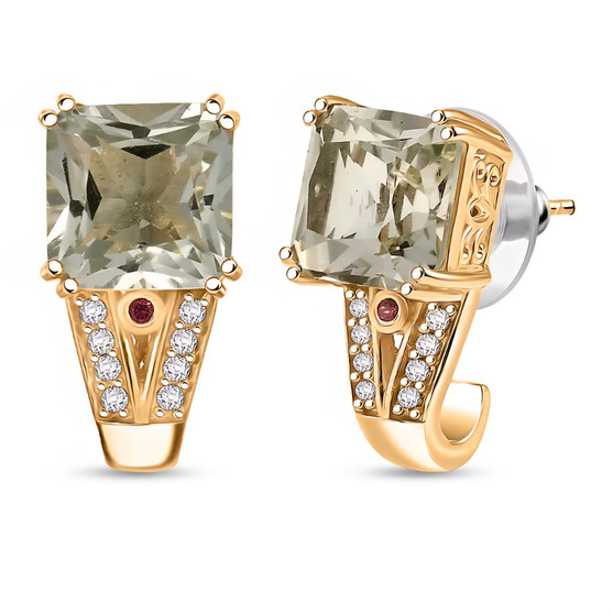 prasiolite rhodolite garnet and zircon earrings in 18k yellow gold over sterling silver front and angled view