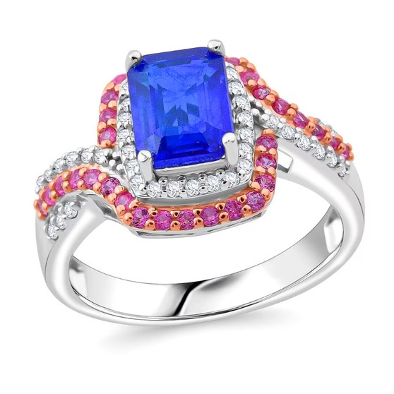 blue spinel pink sapphire and moissanite emerald cut halo bypass ring in rhodium over sterling silver front