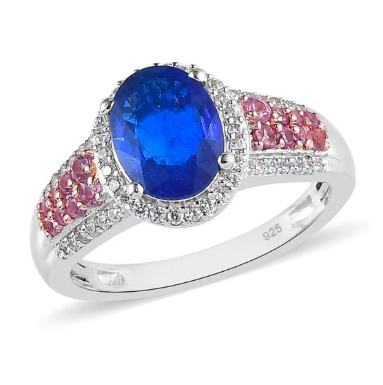front view of blue spinel pink sapphire and white zircon halo ring in rhodium over sterling silver