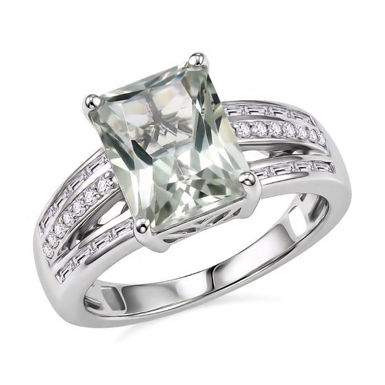 angled view of prasiolite and zircon ring in rhodium over sterling silver