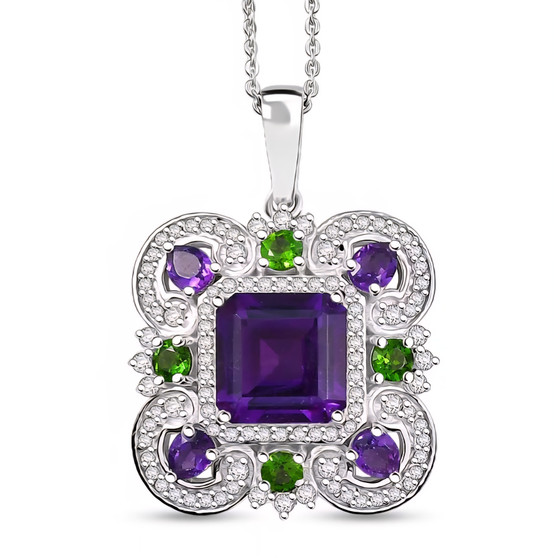 front view of amethyst chrome diopside and zircon pendant necklace in rhodium over sterling silver