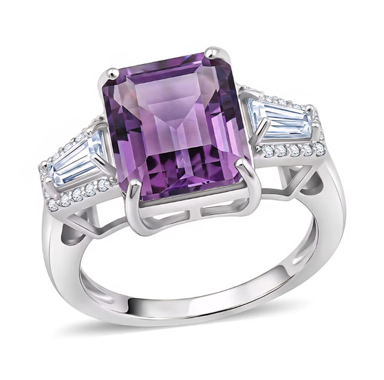 angled view of amethyst and moissanite three stone ring in rhodium over sterling silver