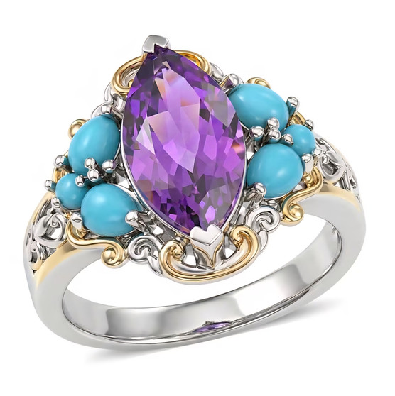 amethyst and turquoise ring in 18k yellow gold and rhodium over sterling silver angled view