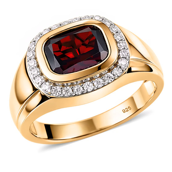 front view of garnet and moissanite halo gents ring in 18k yellow gold over sterling silver