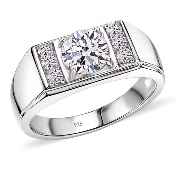 lab diamond gents ring in rhodium over sterling silver angled view