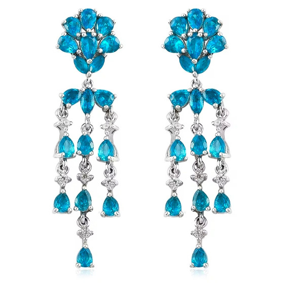 front view of neon blue apatite and white zircon chandelier drop earrings in rhodium over sterling silver