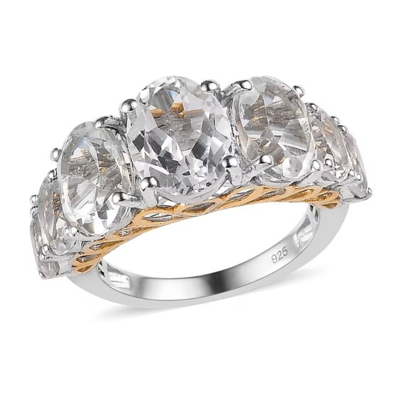 front view of white topaz seven stone ring in two-tone 18k yellow gold and rhodium over sterling silver