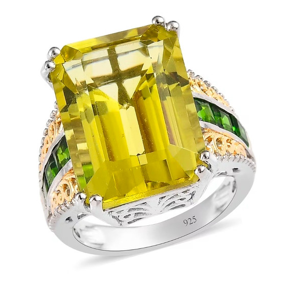 lemon quartz and chrome diopside two tone sterling silver ring front