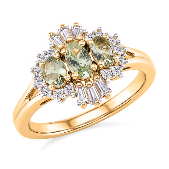 angled view of mint tsavorite garnet and moissanite three stone halo ring in 18k yellow gold over sterling silver