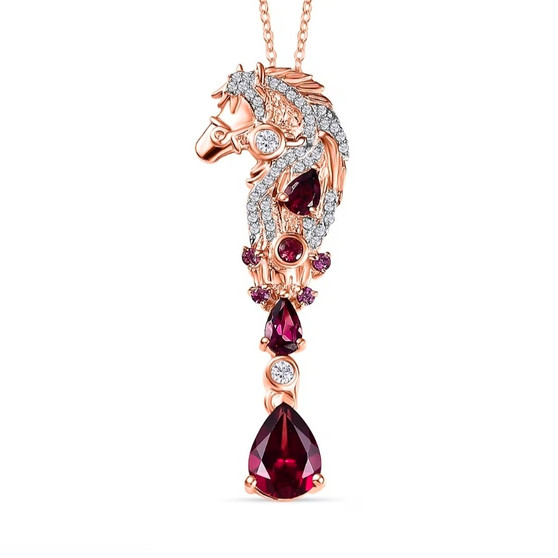 front view of rhodolite garnet and white zircon horse pendant necklace 18k rose gold over sterling silver