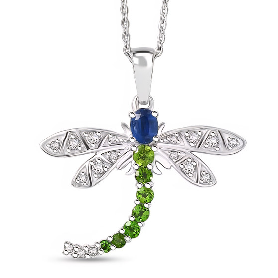 kyanite chrome diopside and zircon dragonfly pendant necklace in rhodium over sterling silver