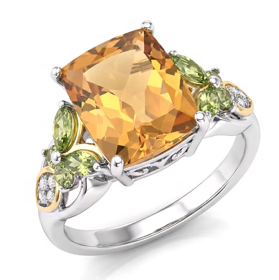 citrine multi gemstone butterfly ring in rhodium and 18k yellow gold over sterling silver