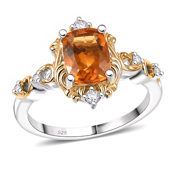 front view of citrine and zircon ring in 18k yellow gold and rhodium over sterling silver
