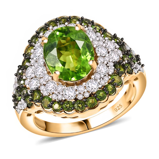 peridot and zircon halo ring in eighteen karat yellow gold over sterling silver