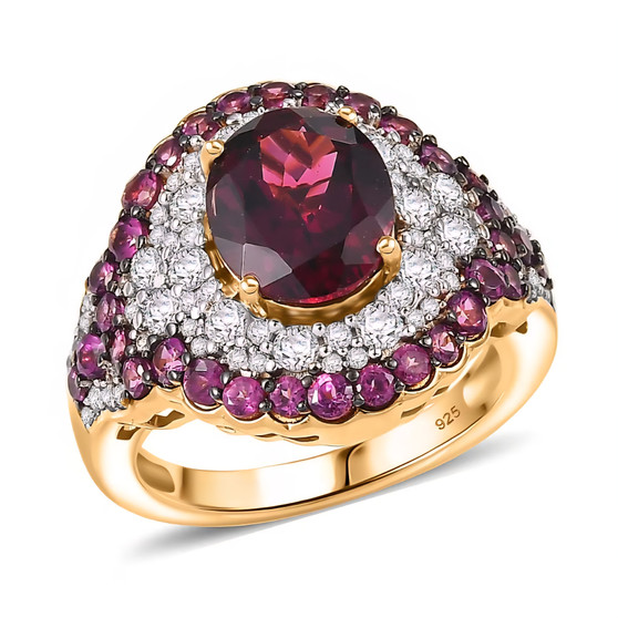 front view of rhodolite garnet and zircon halo ring in 18k yellow gold over sterling silver