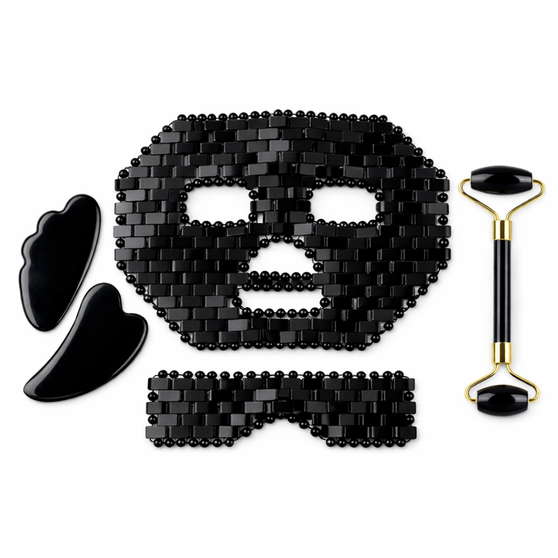 black obsidian crystal variant face mask set with roller and gua sha tools main