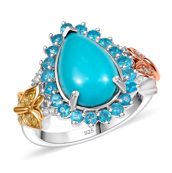 front view of turquoise apatite and multi-color diamond pear halo butterfly ring in tri-tone gold and rhodium over sterling silver