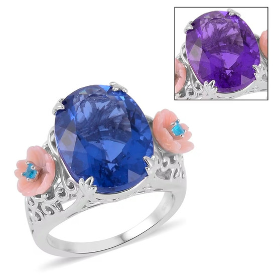 color change fluorite multi gem flower ring in rhodium over sterling silver front