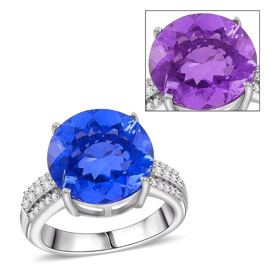 front view of color change fluorite and white zircon ring in rhodium over sterling silver