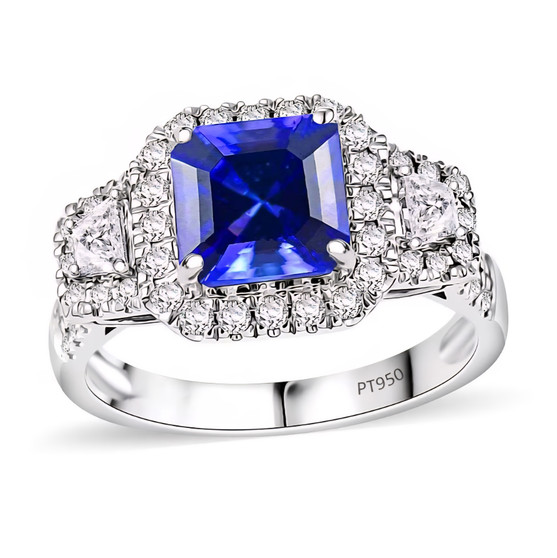 tanzanite and diamond halo ring in platinum