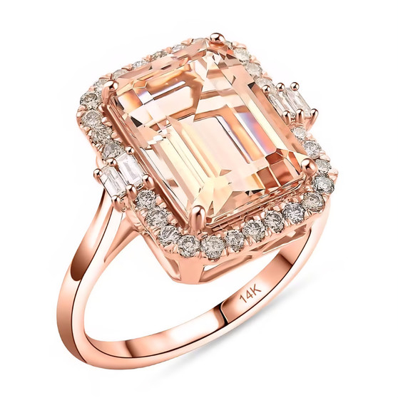 front view of morganite and emerald cut diamond halo ring in 14k rose gold
