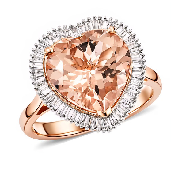 front view of morganite and diamond heart halo ring in 14k rose gold