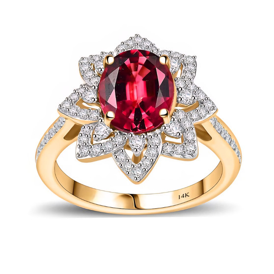 front view of rubellite tourmaline oval and diamond halo ring in 14k yellow gold