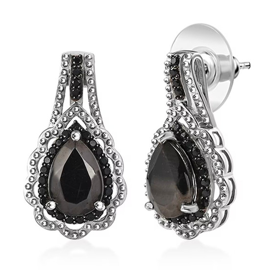 front view of elite shungite black spinel pear double halo drop earrings in rhodium over sterling silver