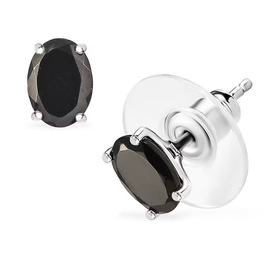 front view of elite shungite oval solitaire stud earrings in rhodium over sterling silver