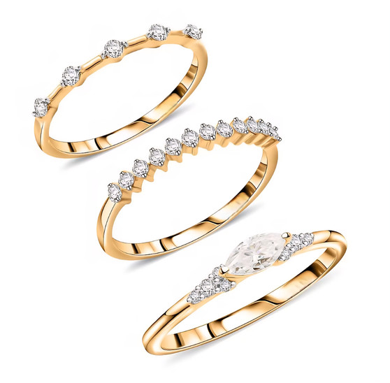 front view of moissanite stackable three ring set in 10k yellow gold