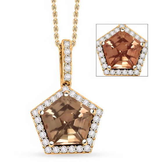 front view of turkizite and diamond pentagon cut halo pendant necklace in 14k yellow gold